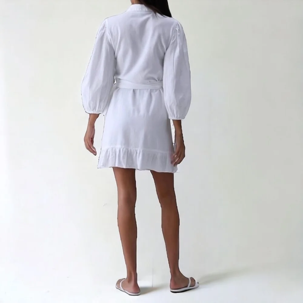 MELISSA ODABASH Paige Linen Cotton Blend Ruffled Balloon Sleeve Wrap Dress Sz L